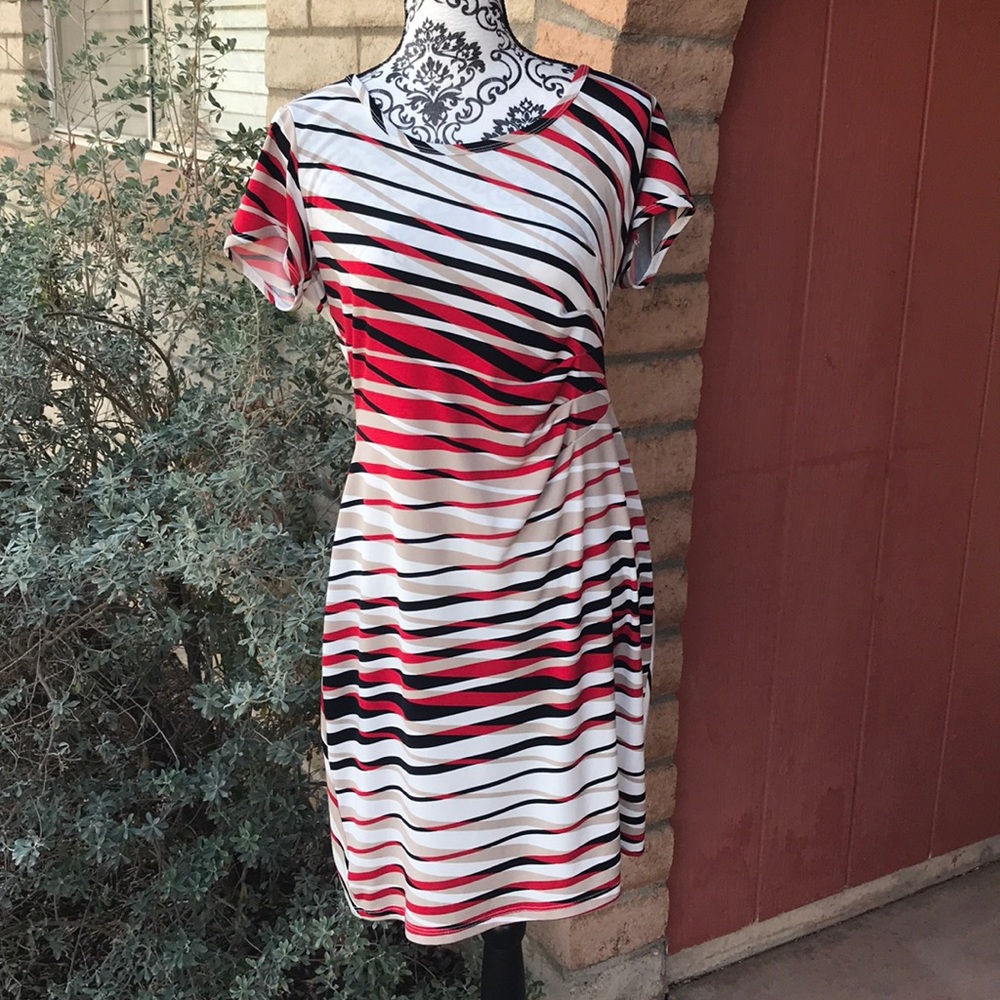 Calvin Klein Red Black White Striped Midi Dress